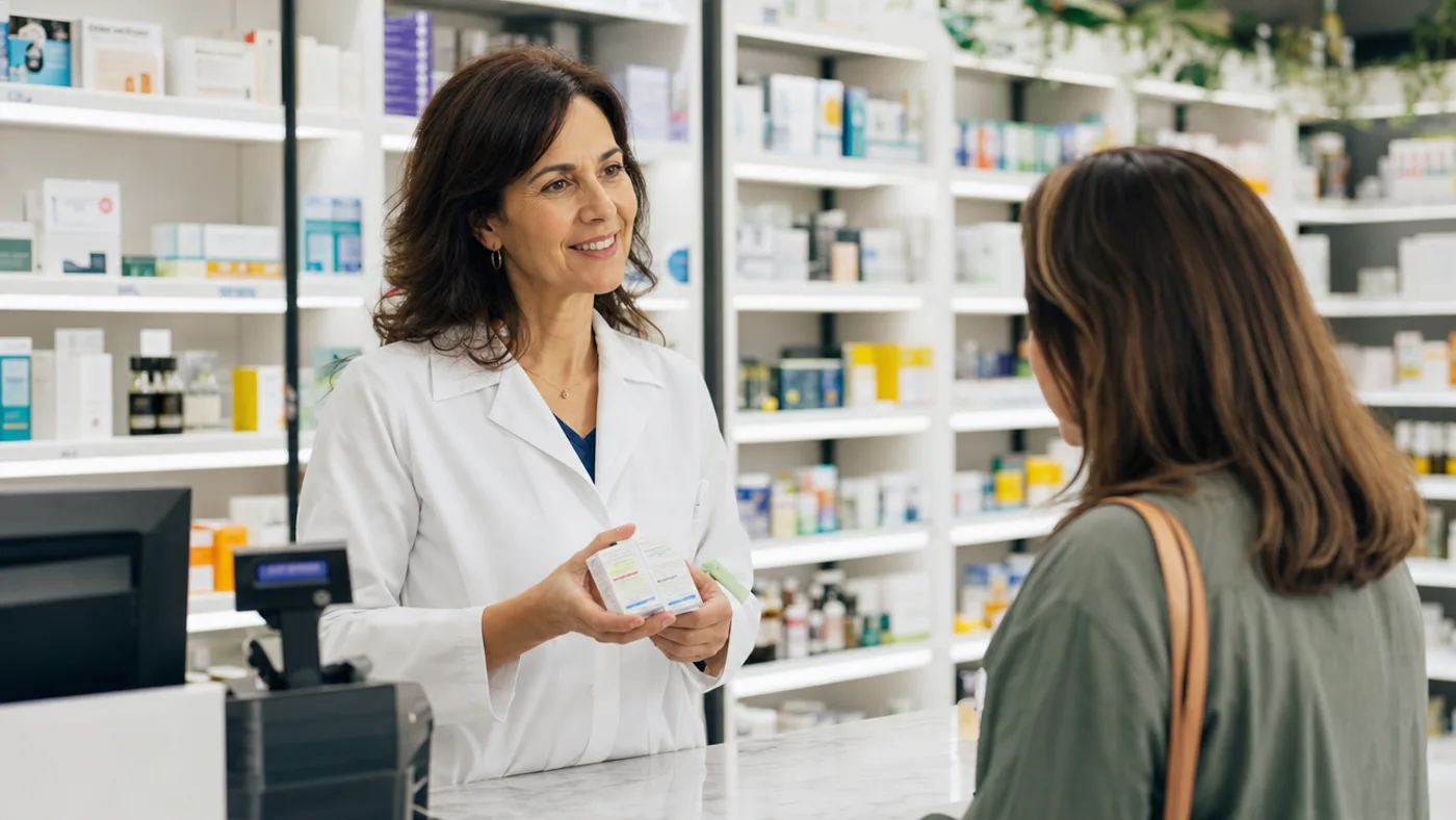 Farmacéutica asesorando a un cliente en su farmacia