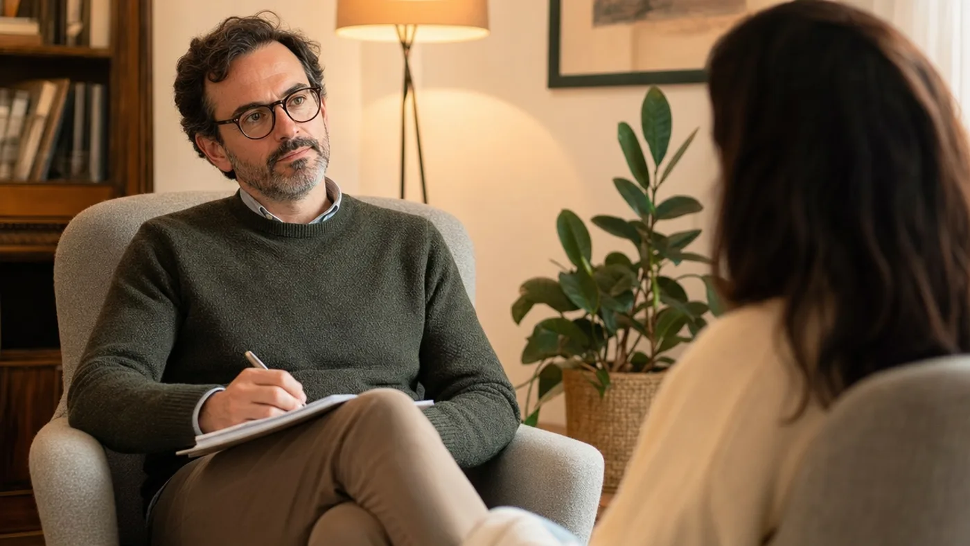 Psicólogo escuchando atentamente a un paciente en su consulta