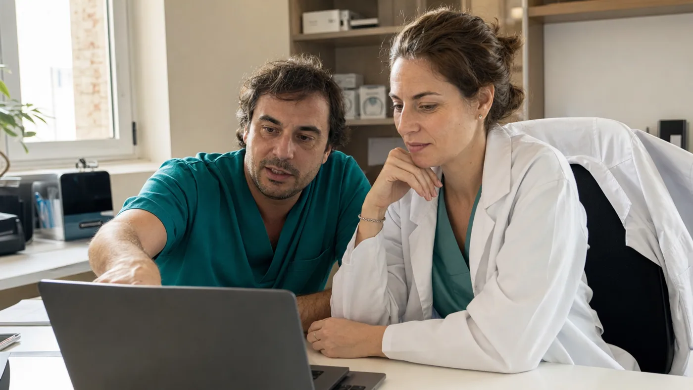 Profesional sanitario revisando la estrategia de marketing sanitario de su clínica