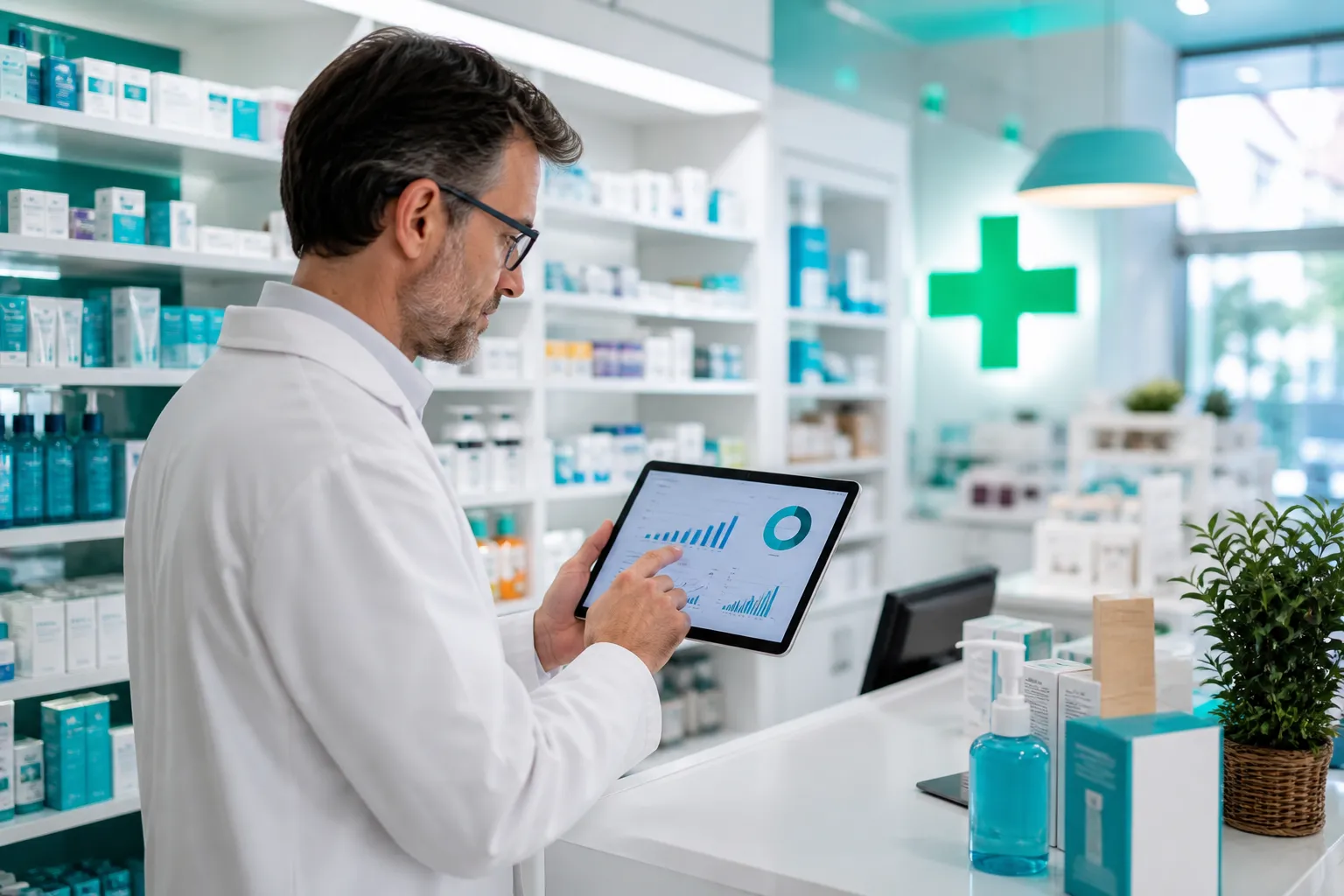 Marketing para farmacias: farmacéutico revisando la estrategia digital de su farmacia